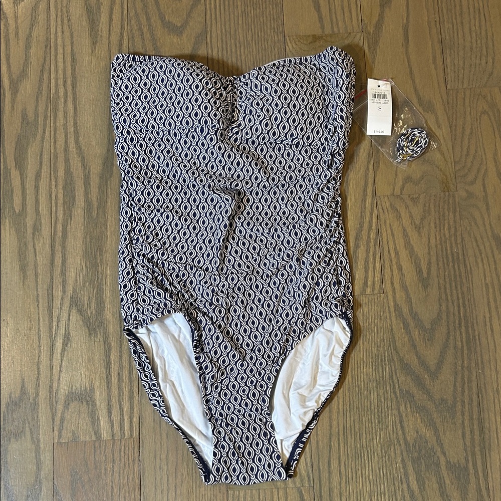 Ann Taylor Navy & White Geometric Strapless One-Piece Swimsuit. Size Small.